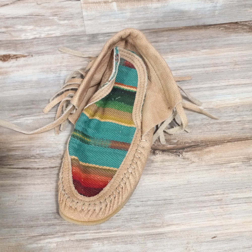 Handmade Tan Leather Fringe Moccasin Ankle Boots Striped‎ Vamp women's 8